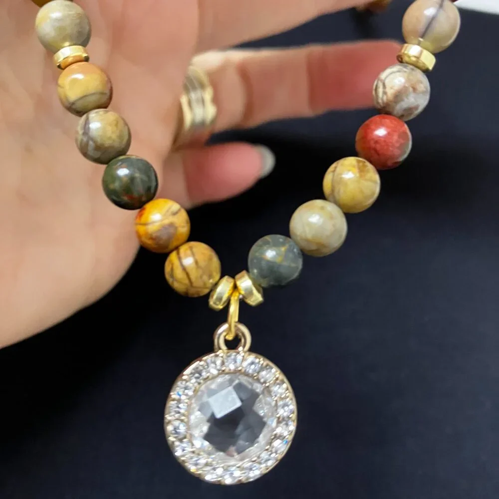 AGATE 6mm Beaded Necklace Bracelet CZ Dangle Pendant Stretch Handmade Brand NEW